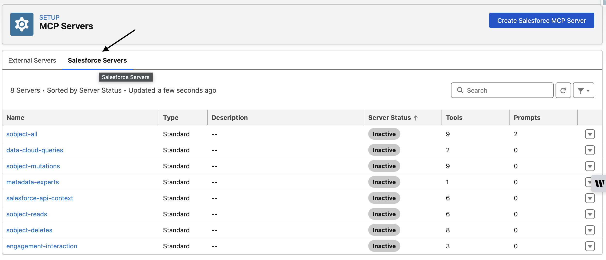 MCP Servers showing some servers active