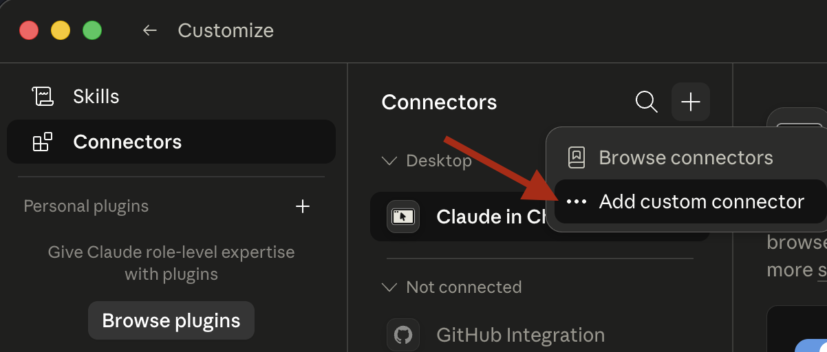 Claude Desktop connector setup